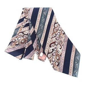 Pierre Cardin Silk Tie Geometric Stripe Pattern Navy Teal Tan Wide 4"